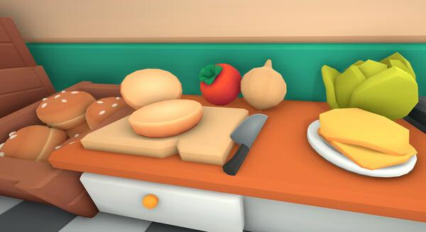Screenshot from Burgie's Cozy Kitchen showing burger buns, a knife, vegetables, and cheese slices on a kitchen counter.