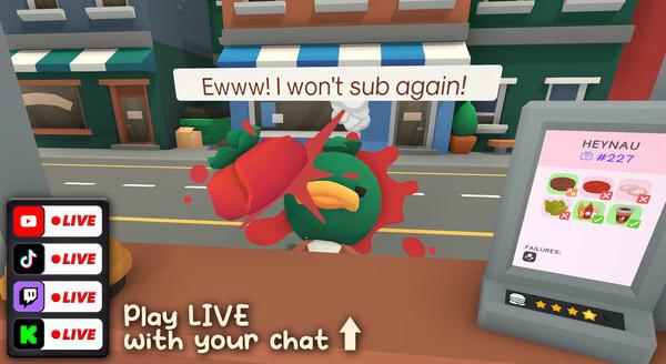 Screenshot of Burgie's Cozy Kitchen showing a bird character reacting to food with "Ewwww! I won't sub again!" in a city setting.