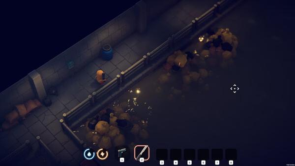 Escape From Duckov screenshot: A character navigates a dimly lit pathway beside a murky river, equipped with visible tools.