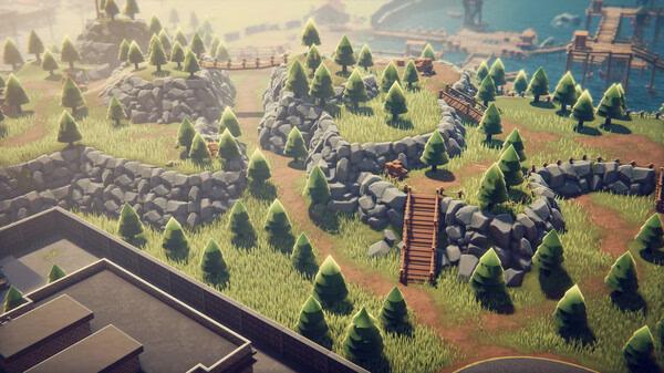 Escape From Duckov screenshot: A lush, winding path with trees and rocks, leading to a pier by the sea under a clear sky.