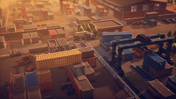 Escape From Duckov screenshot: Aerial view of a container yard with various crates, buildings, and vehicles under a warm, golden sky.