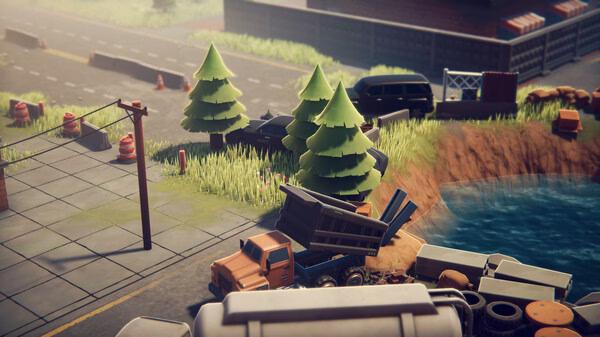 Escape From Duckov screenshot: A truck is overturned near a pond, surrounded by pine trees, traffic cones, and scattered debris.