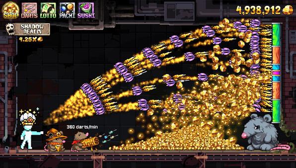 Fortune Mill screenshot: A player with pets shoots darts at a massive golden coin pile as a large rat watches from the side.