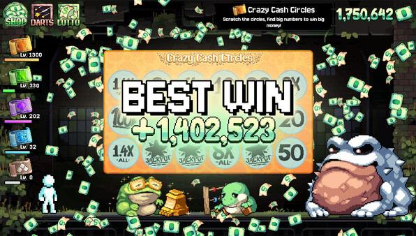 Fortune Mill screenshot: A "Best Win" message displays +1,402,523 as cash rains down, with two cartoon creatures celebrating.