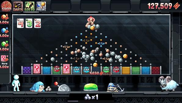 Fortune Mill screenshot: A pyramid of spheres, various creatures, and power-ups displayed. Points and progress are visible onscreen.