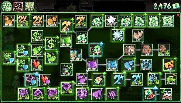 Fortune Mill screenshot showing a grid of colorful game items, including plants, gems, and upgrades with levels displayed.