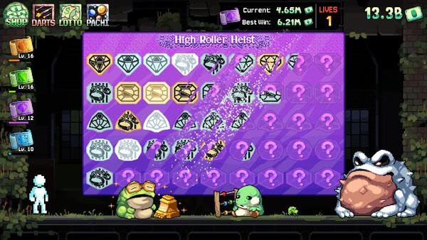 Screenshot from Fortune Mill: A frog, turtle, and lizard sit beneath a vibrant High Roller Heist game board filled with icons.