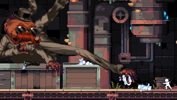 Fortune Mill screenshot: A large, cartoonish boss with a top hat and red mustache attacks a tiny running character in an industrial setting.