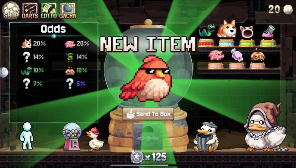 Fortune Mill screenshot: A new red bird item is highlighted, with odds displayed and animals visible near a gacha machine.