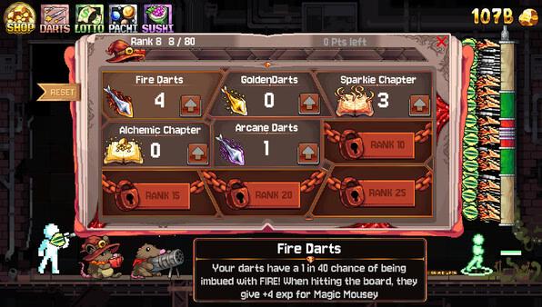 Fortune Mill screenshot: Game interface showing dart rankings and details, including Fire Darts, Golden Darts, and Sparkle Chapter.
