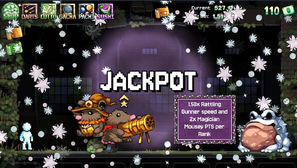 Fortune Mill screenshot: Two mice with a cannon and a frog, surrounded by confetti, as "JACKPOT" text appears on the screen.