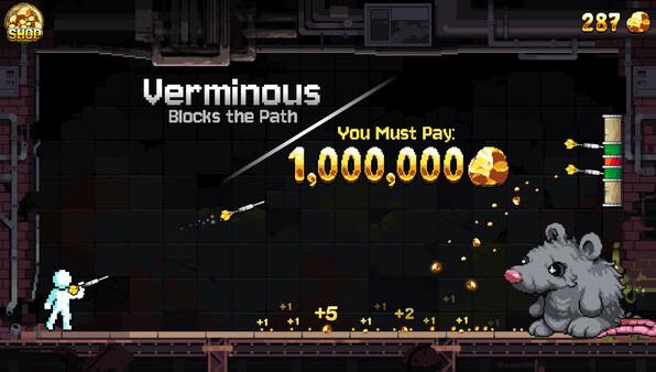 Fortune Mill screenshot: A player character faces a large rat named Verminous, with a gold payment of 1,000,000 required to proceed.