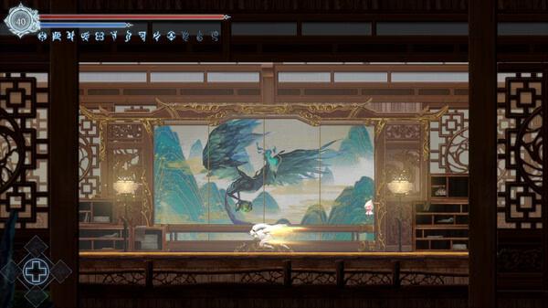 A screenshot from Afterimage showing a player character in a wooden room with a large mural of a dragon and mountains.