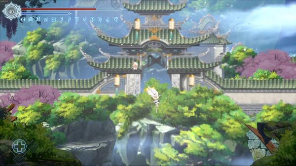 Screenshot from the game Afterimage showing a character jumping in a lush, vibrant landscape with a temple in the background.