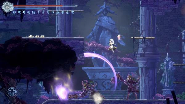 A screenshot from Afterimage showing a character mid-air attacking two enemies in a mystical, ruined temple setting.