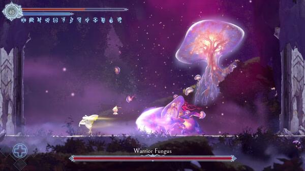 A screenshot from Afterimage showing a player battling a glowing, oversized mushroom enemy named Warrior Fungus.