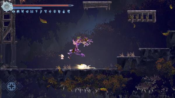 A screenshot from Afterimage showing a small character battling a purple monster in a dark, forested platforming area.