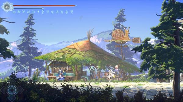 Screenshot from Afterimage showing a character exploring a scenic village with a snail-shaped sign and lush greenery.