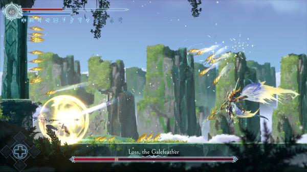 Screenshot from Afterimage showing a battle with Loss, the Galefeather, in a lush, cliffside setting.