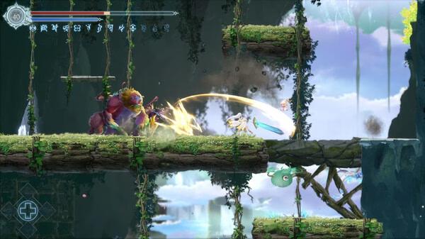 Screenshot from Afterimage showing a character battling a large creature on a lush forest platform with a sword.