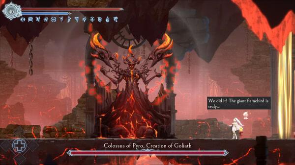 Screenshot from Afterimage showing the Colossus of Pyro, a flaming boss, with a character standing nearby in a fiery cavern.