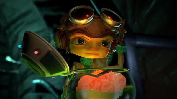 A screenshot from Psychonauts 2 showing Raz wearing goggles, holding a glowing device above a floating brain.