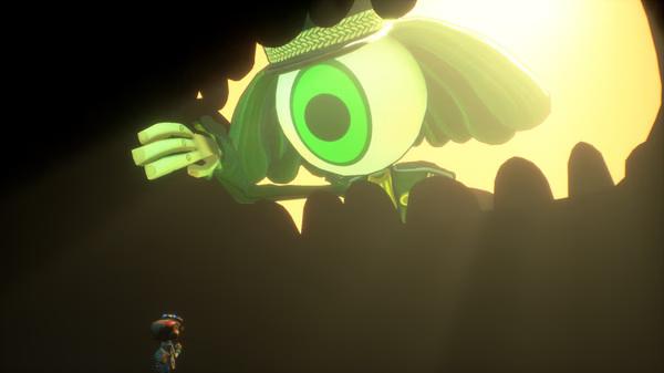 Screenshot from Psychonauts 2 showing a giant green-eyed creature looming over a small character in a dramatic, glowing scene.