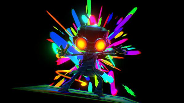 Screenshot from Psychonauts 2 featuring Raz with glowing orange goggles, surrounded by vibrant, colorful paint splashes.