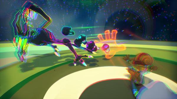 Screenshot from Psychonauts 2 showing a colorful battle scene with a glowing creature and a character dodging an attack.