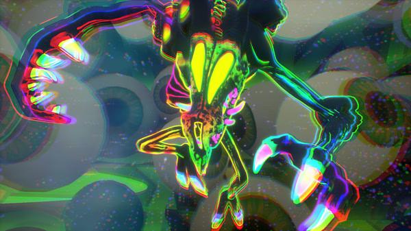 Screenshot from Psychonauts 2 showing a colorful, glowing monster with sharp claws and bright eyes in a surreal eye-filled background.
