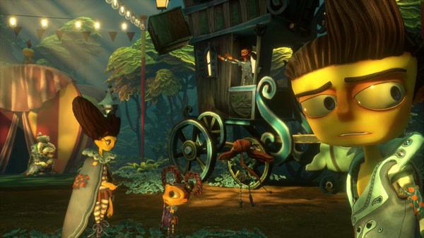 Screenshot from Psychonauts 2 showing Raz and other characters in a colorful forest carnival setting with a wagon.