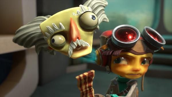 Screenshot from Psychonauts 2 showing Raz holding a bacon strip while a floating, disembodied head with wild eyes hovers nearby.