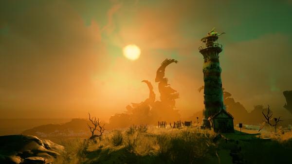 A screenshot from the game Keeper showing a lighthouse on a grassy hill at sunset with twisted rock formations in the background.