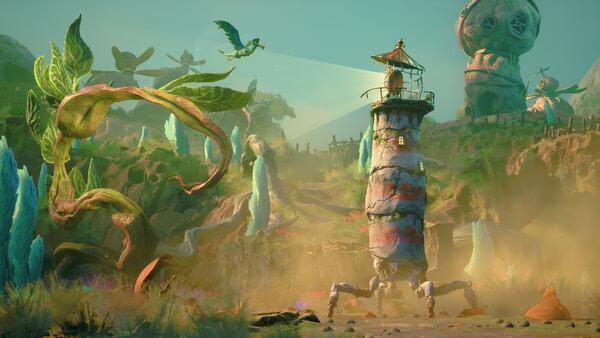 A screenshot from the game Keeper showing a walking tower, lush alien plants, and a flying creature in a vibrant landscape.