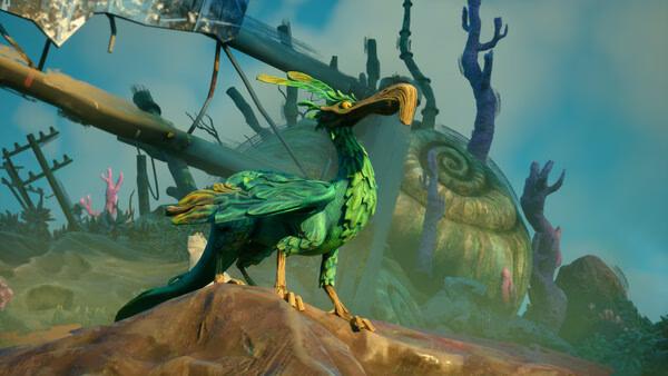 A screenshot from Keeper showing a vibrant, green bird perched on a rock in a colorful, post-apocalyptic landscape.