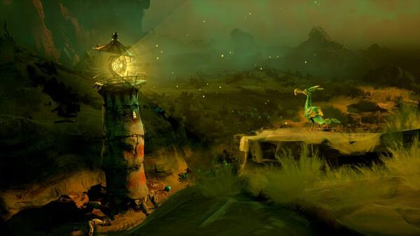 Screenshot from Keeper showing a glowing tower on the left and a bird-like creature perched on a rock in a mysterious landscape.