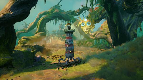 A screenshot from Keeper showing a quirky stone tower surrounded by lush, twisted trees and a glowing skull in the background.