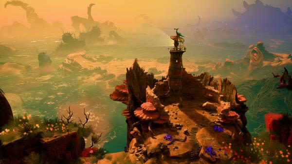 Screenshot from the game Keeper showing a vibrant, alien landscape with a tower surrounded by glowing plants and rugged terrain.