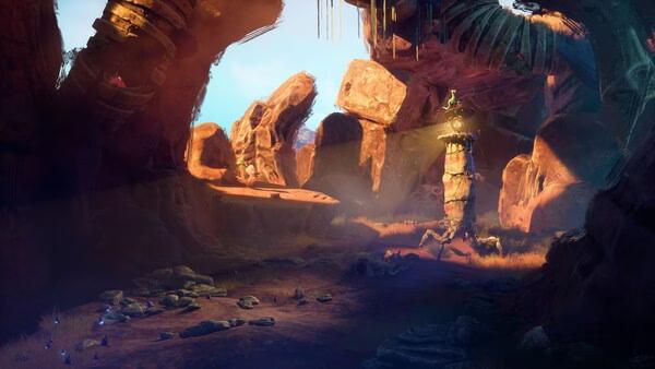 A screenshot from Keeper showing a rocky canyon with a glowing figure standing atop a tall stone pillar in vibrant light.