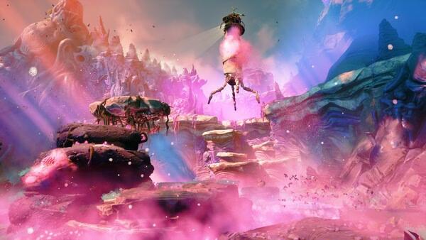 Screenshot from the game Keeper showing a surreal, colorful landscape with floating rocks and a mechanical structure.