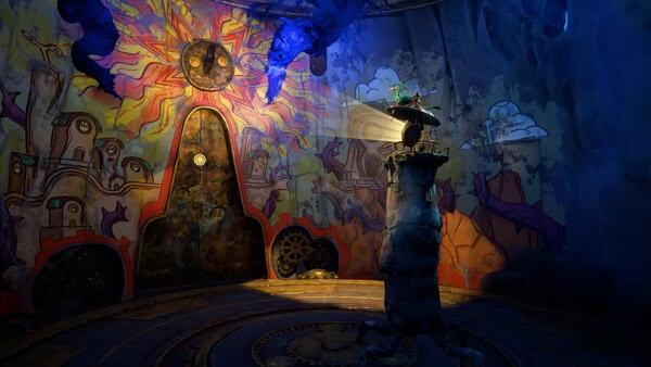 A colorful Keeper screenshot showing a character standing on a pedestal in a vibrant, mural-covered room with glowing details.