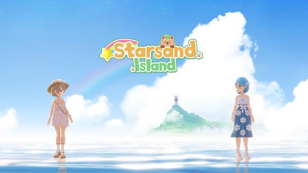 Screenshot of Starsand Island featuring two characters standing on a reflective surface with a rainbow and island in the background.