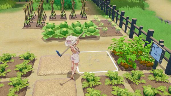 A Starsand Island screenshot showing a player farming, tending to crops like carrots and cabbages in a fenced garden.