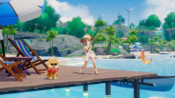 Screenshot from Starsand Island showing a character fishing on a dock with a dog nearby, palm trees, and wind turbines in the background.