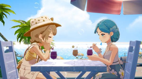 Screenshot from Starsand Island showing two characters enjoying drinks at an outdoor table with a sunny ocean view.