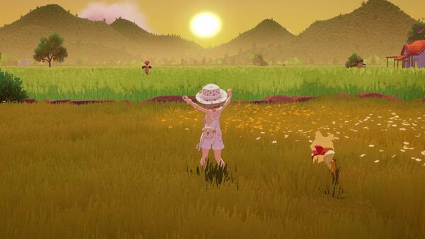 A screenshot from Starsand Island showing a character in a field at sunset, with a companion nearby and mountains in the background.