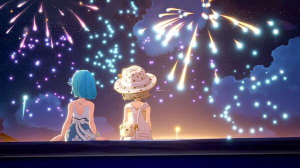 Screenshot from Starsand Island showing two characters watching colorful fireworks light up the night sky.