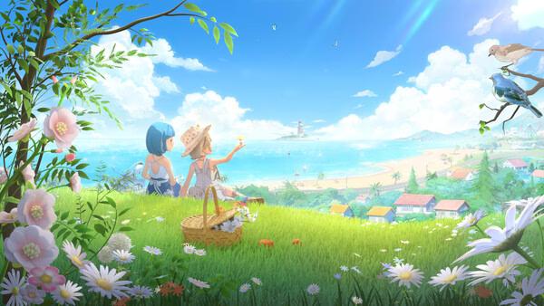Screenshot from Starsand Island showing two characters sitting on a grassy hill overlooking a beach and colorful village.