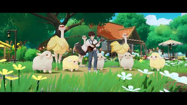 Screenshot from Starsand Island showing a character playing a guitar surrounded by sheep, ostriches, and vibrant greenery.