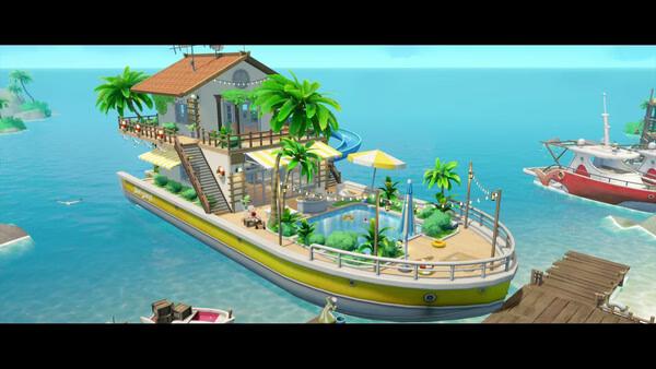 Screenshot of Starsand Island showing a vibrant floating houseboat with palm trees, a pool, and a waterslide in a tropical setting.